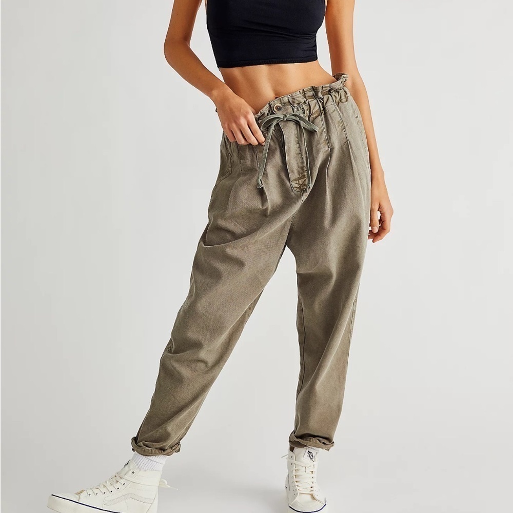 Free‎ People Margate Pleated High Waist Paper Bag Boho Trouser Sugar Kelp Green